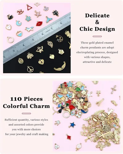 Miniatura 4 de JIALEEY 110 dijes esmaltados chapados en oro surtidos para hacer joyas, collares, pulseras, suministros de manualidades, Zinc, Aleación.