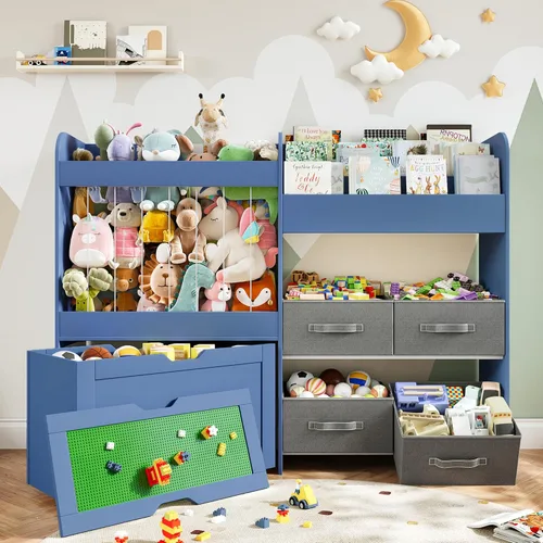 Miniatura 8 de Organizador grande de almacenamiento de juguetes de 51.1 pulgadas de ancho con almacenamiento de animales de peluche, estantería para niños con 4
