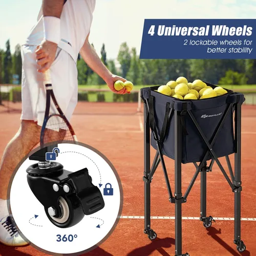 Miniatura 3 de Goplus Tolva plegable para pelotas de tenis, cesta de aluminio ligera con ruedas, bolsa extraíble, bolsillos laterales, bolsa de transporte, carrito