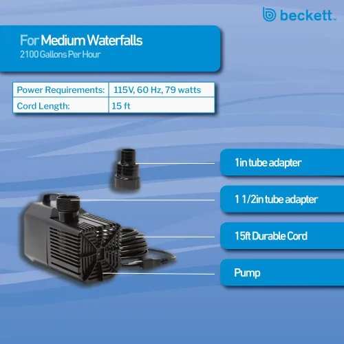 Miniatura 5 de Beckett Bomba de agua sumergible de 2100 GPH Bomba de agua de apagado automático para cascada, corriente, jardín de agua, 78 W, 20 pies de elevación