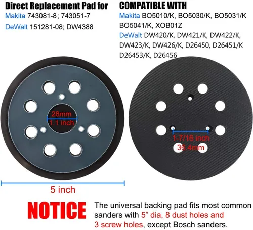 Miniatura 2 de Almohadilla de repuesto de 5 pulgadas para lijadora orbital DeWalt DW4388, DW421, DW422, DW423, D26451, D26453, DW6423, compatible con la lijadora