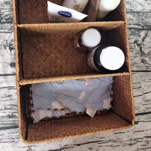 Miniatura 6 de Cesta tejida a mano de algas marinas Caja de almacenamiento tejida de 3 compartimentos para decoración de escritorio para el hogar, baño, oficina