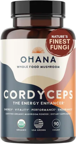 Ohana Cordyceps, mezcla de hongos orgánicos, suplemento orgánico de hongos integrales USDA, sin OMG, sin gluten, botella de 90 cápsulas, paquete de 1
