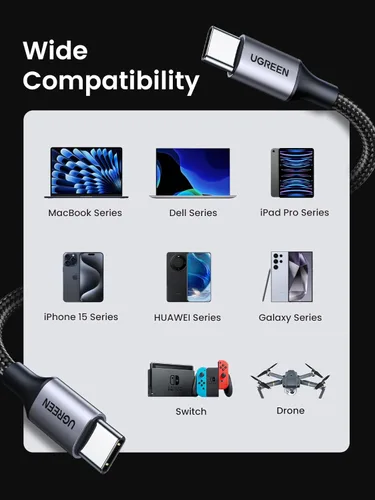 Miniatura 6 de UGREEN Cable USB C a USB C de 6 pies, 60 W, paquete de 2 cables USB C de nailon trenzado tipo C para iPhone 17/16, Galaxy S25/S24/S23, Pixel 10/9