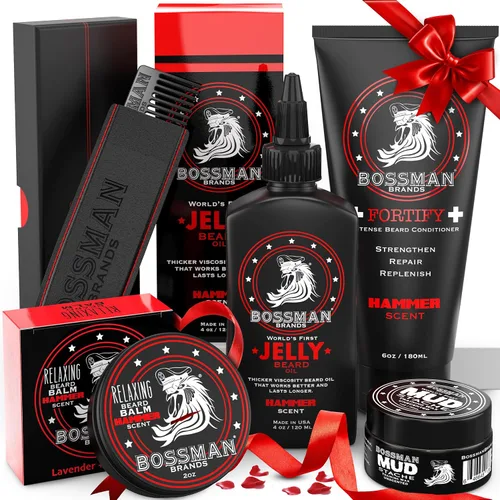 Miniatura 12 de Bossman Kit completo de gelatina de aceite para barba para hombre, acondicionador de ducha fortificante, bálsamo, cera de bigote y peine, suavizante