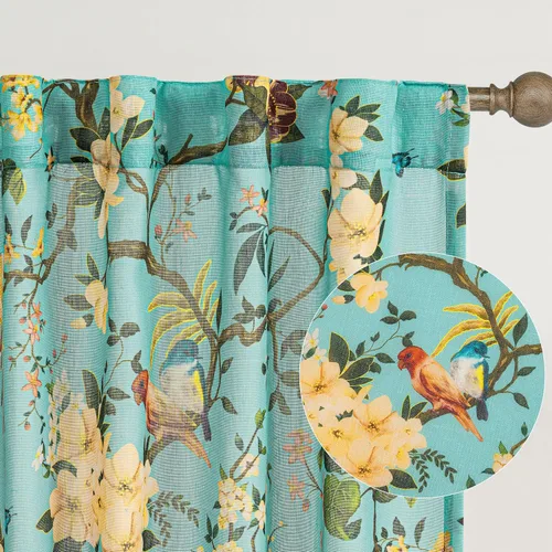 Miniatura 7 de Cortinas de lino florales azules y amarillas, estilo vintage, bohemio, de 63 pulgadas, 2 paneles con pestaña trasera para sala de estar