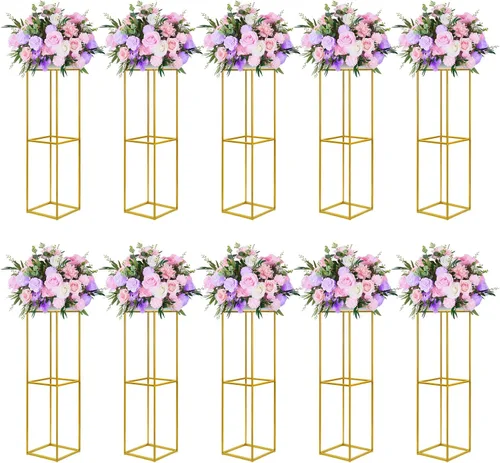 Miniatura 9 de YALLOVE Paquete de 2 soportes dorados de 15.75 pulgadas para flores de boda, soporte de columna de metal para centro de mesa geométrico