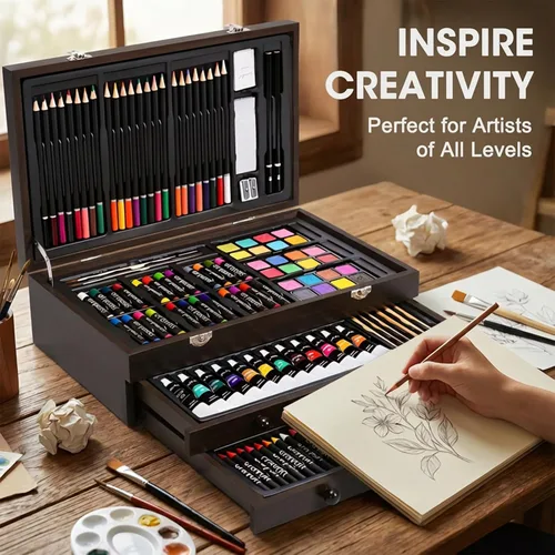 Miniatura 6 de Juego de 175 piezas de arte de madera de lujo con 2 almohadillas de dibujo, pinturas acrílicas, lápices de colores, lápices de colores, pincel, kit
