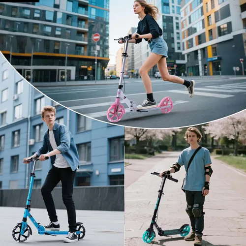 Miniatura 7 de Patinete para niños de 8+ años, adolescentes y adultos, con freno de mano delantero y freno trasero, y manillar ajustable, ruedas grandes y Azul