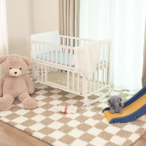 Miniatura 4 de Alfombra súper suave para dormitorio, 3 x 5 pies, alfombra de área beige y blanca a cuadros clásica, peluda antideslizante de pelo alto, alfombra