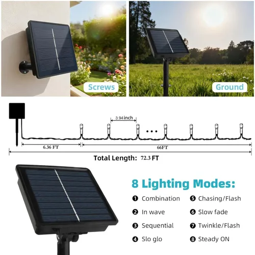 Miniatura 4 de Tcamp 200 luces LED solares de Navidad de 66 pies para exteriores, impermeables, 8 modos, funciona con energía solar, guirnalda de luces de hadas