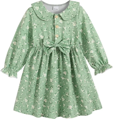 YOUNGER TREE 1-4T - Vestido de niña pequeña de manga larga, floral, casual, vestido de otoño e invierno