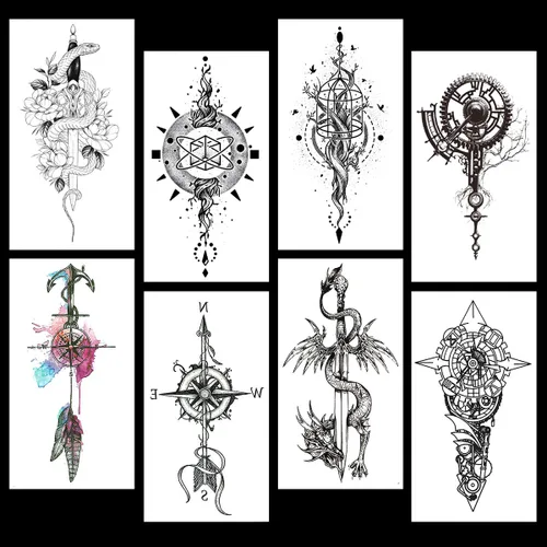 Miniatura 2 de 8 hojas de tatuajes temporales negros con flechas, brújulas, plumas, dragones, anclas, espadas, serpientes, árboles y flores para el brazo