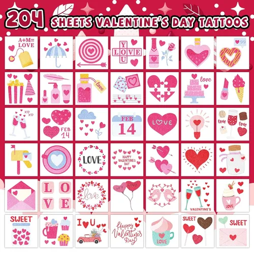 Miniatura 2 de EMOME 204 tatuajes con purpurina de San Valentín para niños, envueltos individualmente, tatuajes temporales para niñas, lindos tatuajes temporales