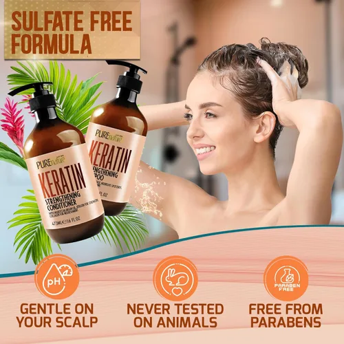 Miniatura 3 de Juego de champú y acondicionador de queratina, tratamiento sin sulfatos ni parabenos para cabello seco, fórmula enriquecida con colágeno