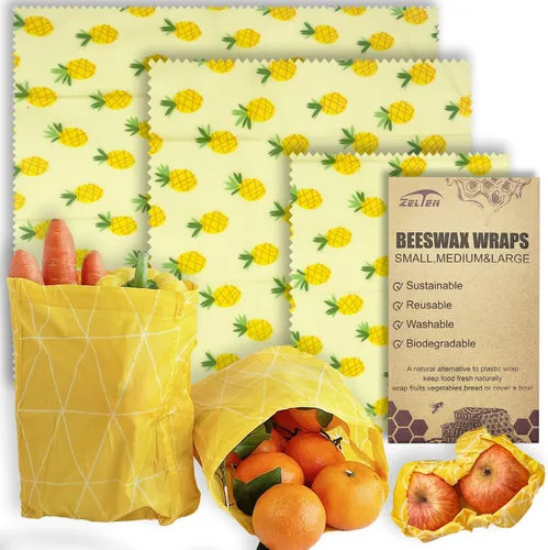 Miniatura 14 de Zelten Envolturas reutilizables de cera de abejas (3 paquetes, 3 tamaños S, M, L) sin plástico y silicona, envoltura ecológica, papel de cera