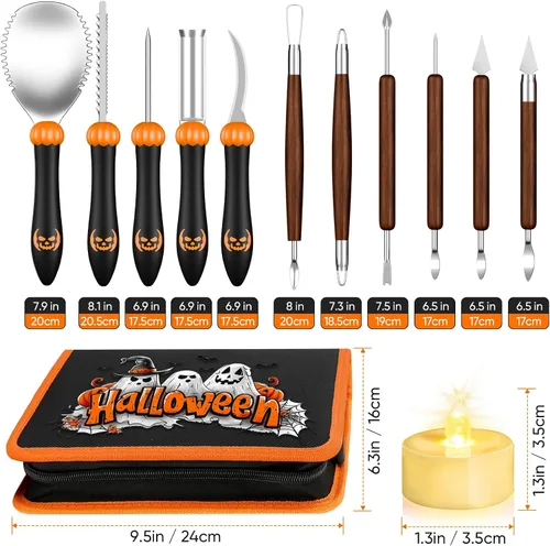 Miniatura 5 de Kit de tallado de calabaza de 31 piezas: herramientas de tallado de calabaza, kit de tallado de calabaza de Halloween con plantillas, velas, estuche