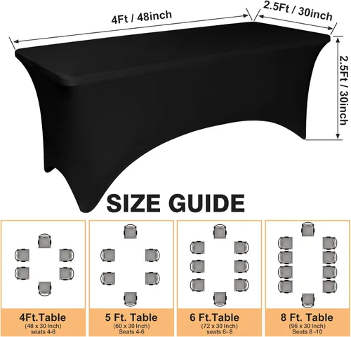 Miniatura 3 de Paquete de 2 manteles de elastano negro de 4 pies para mesas rectangulares, ajustado y elástico, lavable, resistente a las arrugas, perfecto