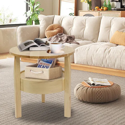 Miniatura 6 de Mesa auxiliar redonda con almacenamiento y cajón oculto, mesa auxiliar de madera natural de 20 pulgadas de profundidad x 20 pulgadas de alto