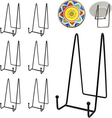 Paquete de 7 soportes de placa grandes de 8 pulgadas para exhibición, soporte de metal negro para platos, soportes de marco de fotos para libros,
