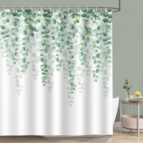 Miniatura 8 de Bonhause Cortina de ducha de eucalipto azul, hojas de acuarela, decoración botánica de baño, 72 x 72 pulgadas, tela de poliéster impermeable con 12