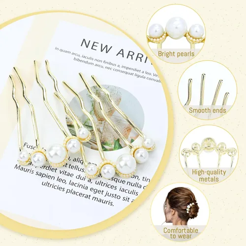 Miniatura 2 de Lawie Paquete de 6 pasadores de pelo de metal dorado con perlas en forma de U para el cabello, peines deslizantes para el cabello, horquillas anchas