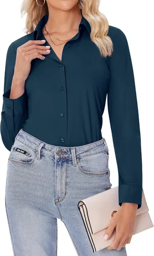 Miniatura 31 de siliteelon Camisas con botones para mujer, ajustadas, de manga larga, elásticas, de vestir, camisas de trabajo, sin arrugas, blusas de oficina