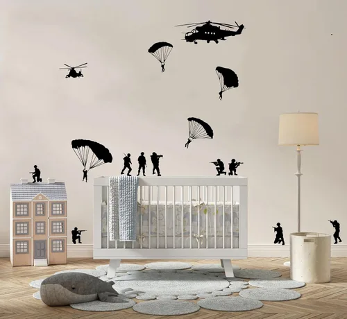 Miniatura 5 de Helicóptero y ejército hombres cubeta de soldados paracaidistas calcomanía de pared para decoración de habitación de niños, guardería, calcomanía