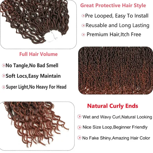 Miniatura 6 de Copper Goddess Faux Locs Cabello de Ganchillo con Puntas Rizadas, 7 Paquetes de 14 Pulgadas Boho Goddess Locs Cabello de Ganchillo, Cabello