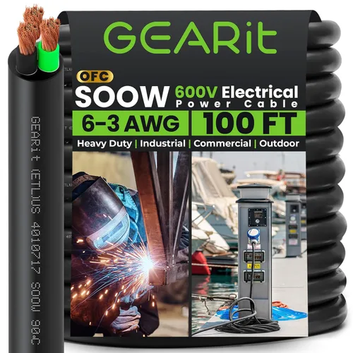 GEARit Cable de alimentación portátil 6/3 6 AWG (100 pies - 3 conductores) SOOW 600V Cable eléctrico de calibre 6 para derivaciones de motor, luces
