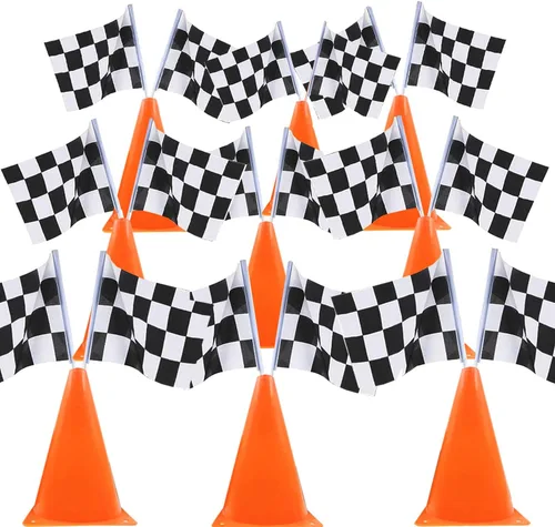 Miniatura 11 de Paquete de 6 conos de carreras naranjas de 7 pulgadas con agujeros en la parte superior, paquete de 12 banderas a cuadros, decoraciones de fiesta