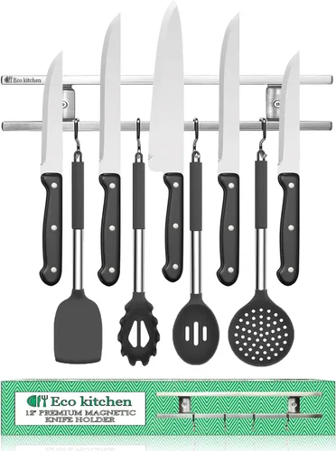 Miniatura 10 de Soporte magnético para cuchillos de pared, tira magnética de acero inoxidable de 18 pulgadas, soporte magnético para cuchillos de pared con ganchos