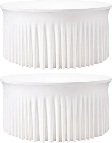 2 Pack White 72 inch Round Spandex Tablecloth, Washable Stretchy Fitted 6FT Round Tables,Elastic Edge with Skirt, Wrinkle-Free Table Cloths for