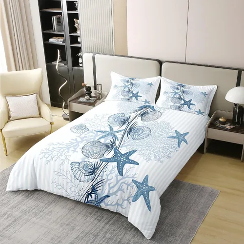 Miniatura 3 de 100% Algodón Natural Acuarela Juego de Ropa de Cama con Diseño Marino para Niños y Niñas, Juego de Cama con Estrella de Mar y Caracol Azul, Juego