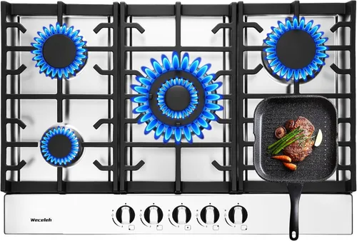 Placa de cocina de gas de 30 pulgadas, 5 quemadores empotrados en estufa de gas, placa de propano convertible NG/LPG, Encendido automático,