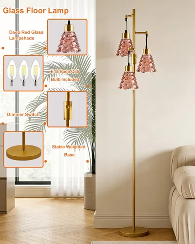 Miniatura 4 de Lámpara de pie moderna de cristal de 3 luces, lámpara alta de pie dorada con pantalla de vidrio de piña roja profunda, lámpara de pie LED regulable