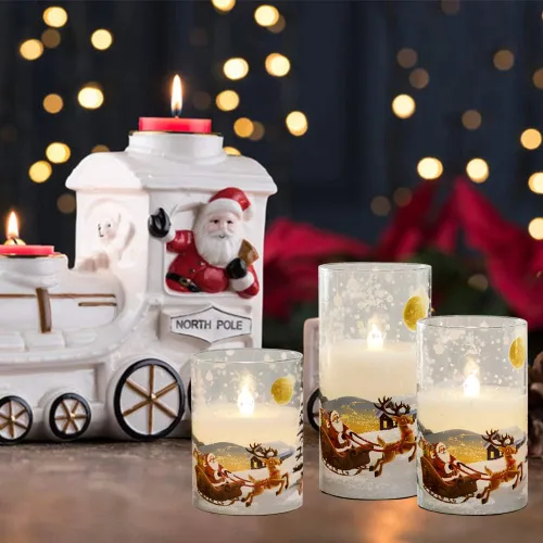 Miniatura 3 de Eldnacele Vela de cristal sin llama de Papá Noel con temporizador remoto, funciona con pilas, velas LED parpadeantes, paquete de 3 velas de Navidad