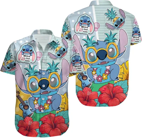 HUNTFAMI Camisa hawaiana de película, linda camisa casual con botones de alienígena espacial, manga corta con botones, camisa tropical.