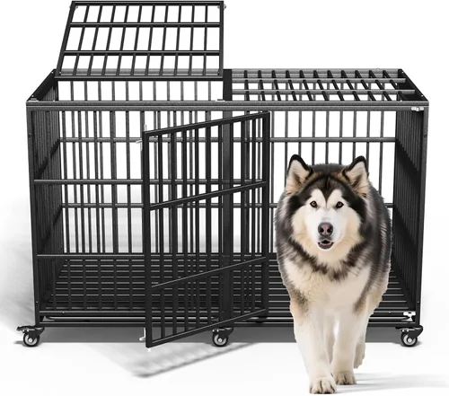 Jaula para perros de 64 pulgadas, resistente, indestructible, para razas gigantes extra grandes, puertas dobles, ruedas con cerradura, alta