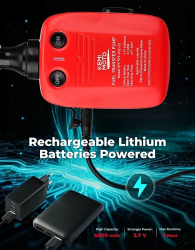 Miniatura 2 de KEMIMOTO Bomba de Transferencia de Combustible Recargable, Batería de Litio de 4000mAh con Sensor de Parada Automática, Flujo de 3.2 GPM, Bomba