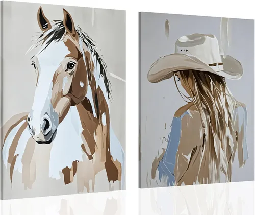 2 piezas de arte de pared enmarcado de vaquera occidental con sombrero chica vaquera y caballo, impresión en lienzo, póster, pintura al óleo estilo
