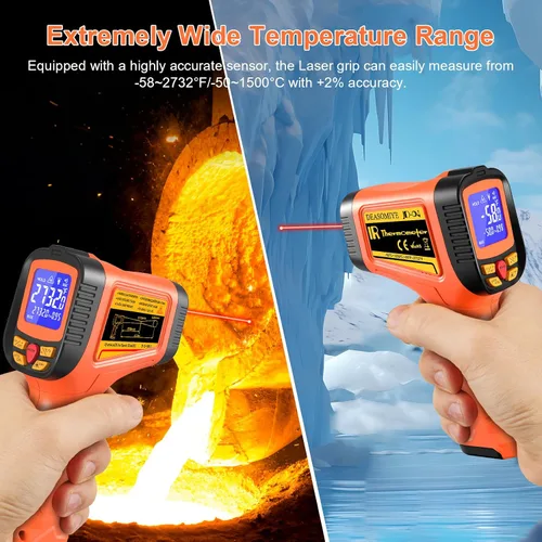 Miniatura 2 de Pistola de termómetro infrarrojo digital de -58°F a 2732°F, pistola de temperatura láser de relación de distancia 50:1 con medición y alarma