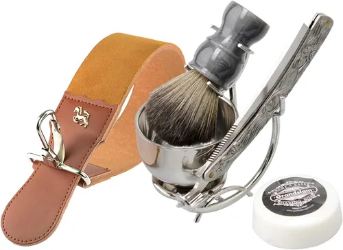 Miniatura 9 de Kit de afeitado con navaja recta Grandslam, navaja recta de acero con afeitador de cuero, brocha de afeitar, cuenco y soporte de afeitado de acero