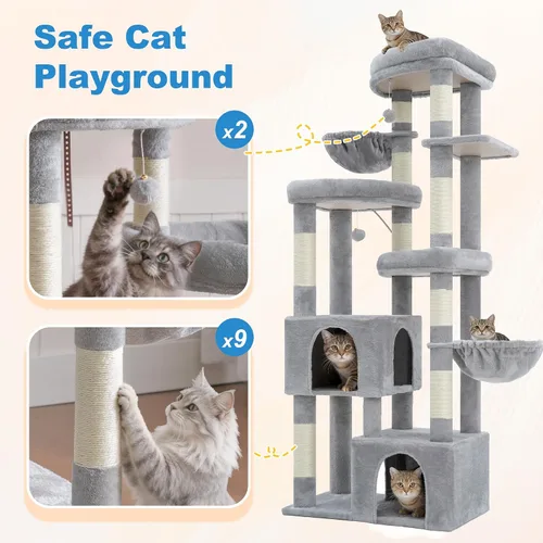 Miniatura 4 de Hey-brother Árbol para gatos, torre de 67.3 pulgadas con 3 camas de plataforma suave, 2 condominios grandes, 9 postes rascadores de sisal, 2 hamacas