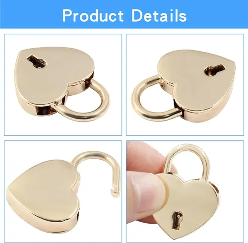 Miniatura 4 de Piutouyar 3 cerraduras en forma de corazón, candado de metal dorado, pequeño y lindo mini cerradura con llave para caja de almacenamiento de joyas