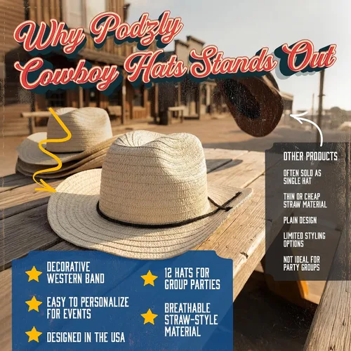 Miniatura 7 de Podzly Sombreros de vaquero de paja, paquete de 12 unidades, circunferencia de 24 pulgadas, estilo occidental para hombres y mujeres, sombreros