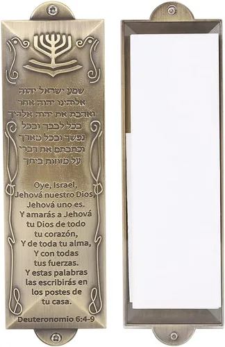 BRTAGG Funda para mezuzah con cinta de doble cara, 5.5 pulgadas de alto, escritura española y hebrea, bronce, cubierta de mezuzá fácil de despegar y