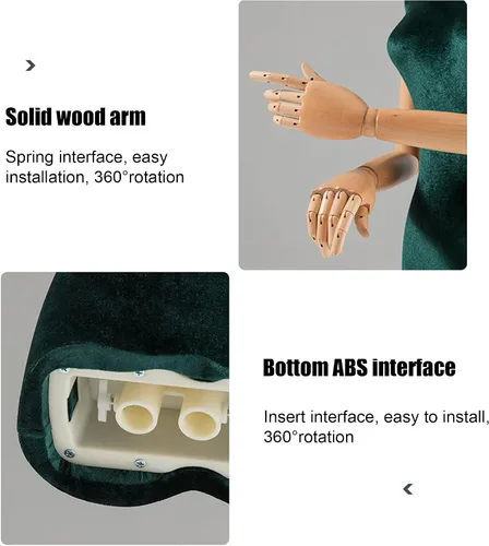 Miniatura 3 de Torso de maniquí de forma de vestido femenino, altura del cuerpo del maniquí de terciopelo ajustable, con brazo de madera maciza y base de metal