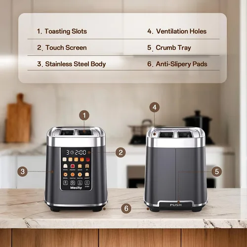 Miniatura 8 de Mecity Tostadora de 2 rebanadas con pantalla táctil y elevación automática, tostadora de acero inoxidable de tacto frío con 8 ajustes de pan, 5