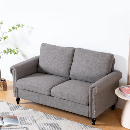J.C.UP Sofá biplaza de 57 pulgadas, sofás pequeños para sala de estar con tela de lino, cómodo sofá tapizado para dormitorio con patas de madera Gris
